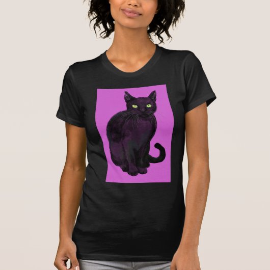 T-shirt Chat noir avec arrière - plan fuchsia (Devant)