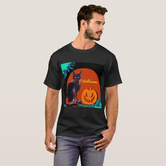 T-SHIRT CHAT NOIR AVEC CITROUILLE EN HALLOWEEN NIGHT (Devant entier)