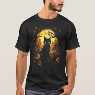 T-shirt Chat noir avec Jackolantern et pleine lune - Hallo