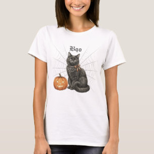 T-shirt Chat noir avec toile d'araignée et citrouille. Hou