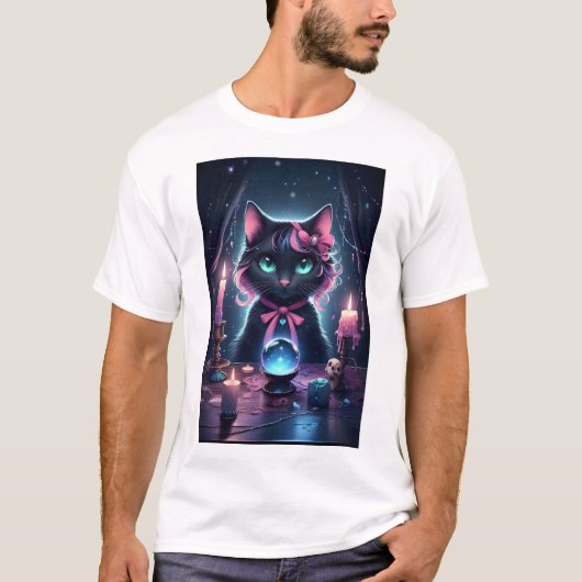 T-shirt Chat Noir Avec Voyageur De Ruban Rose Fortune (Devant)