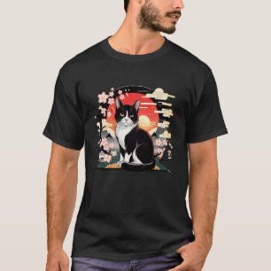 T-shirt Chat noir blanc avec fleurs de cerisier et coucher