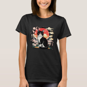 T-shirt Chat noir blanc avec fleurs de cerisier et coucher