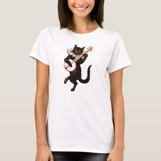 T-shirt Chat Noir Branché Jouant Au Banjo (Devant)