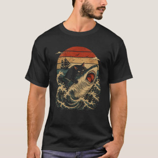 T-shirt Chat noir chevauchant un requin féroce