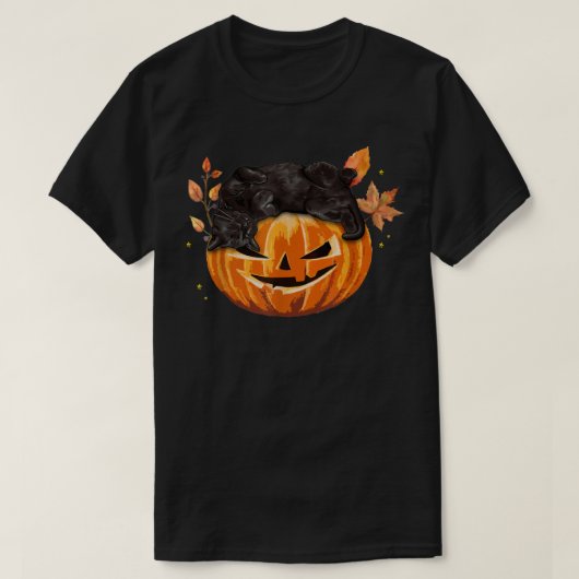 T-shirt Chat noir citrouille Feuilles d'automne Halloween (Design devant)