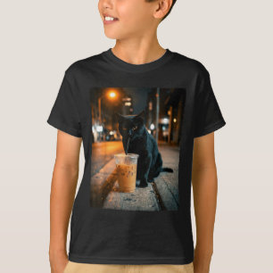 T-shirt Chat noir cool buvant du café glacé animal drôle