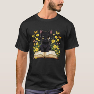 T-shirt Chat noir curieux mignon & livre enchanté lecteur