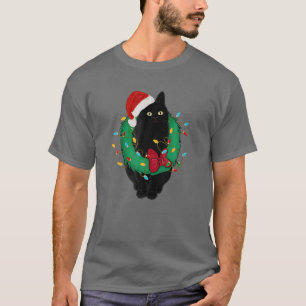 T-shirt Chat noir dans les lumières de Noël Santa Hat Fu