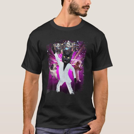 T-shirt Chat noir dansant boule de disco (Devant)