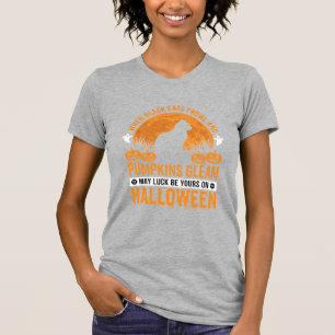 T-shirt Chat noir de la lune de citrouille d'Halloween Des