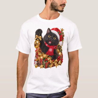 T-shirt Chat noir de Noël avec ornements dorés