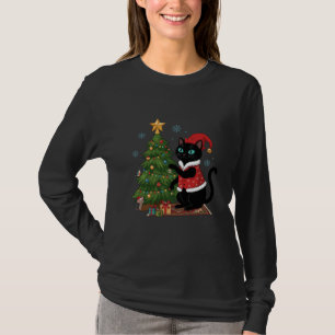 T-shirt Chat noir de Noël chapeau de Père Noël arbre souri