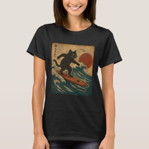 T-shirt Chat noir de surf style d'art japonais en détresse