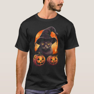 T-shirt Chat noir d'Halloween Citrouille Lune Sorcière Cha