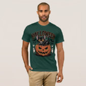 T-shirt Chat noir d'Halloween rétro avec Citrouille (Devant entier)