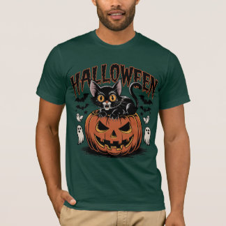 T-shirt Chat noir d'Halloween rétro avec Citrouille