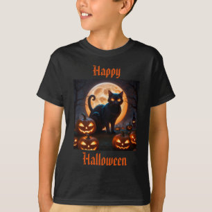 T-shirt Chat noir d'Halloween sous la lune de récolte