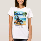 T-shirt Chat noir drôle au temps de la plage paradisiaque (Devant)