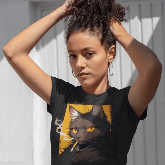 T-shirt chat noir drôle, fumant cigarette