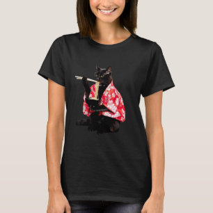 T-shirt Chat noir drôle mangeant du Ramen Femme japonaise 