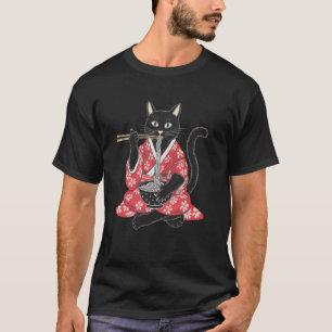 T-shirt Chat noir drôle mangeant Ramen Femme japonaise vin
