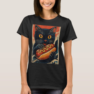 T-shirt Chat noir drôle mangeant un hot dog rétro japonais