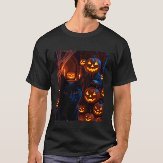 T-shirt Chat noir drôle selfie avec Jack O Lantern citroui (Devant)