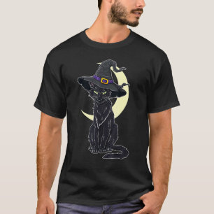 T-shirt Chat noir effrayant Halloween avec chapeau de sorc