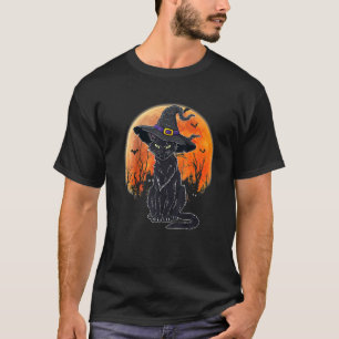T-shirt Chat noir effrayant Halloween avec chapeau de sorc