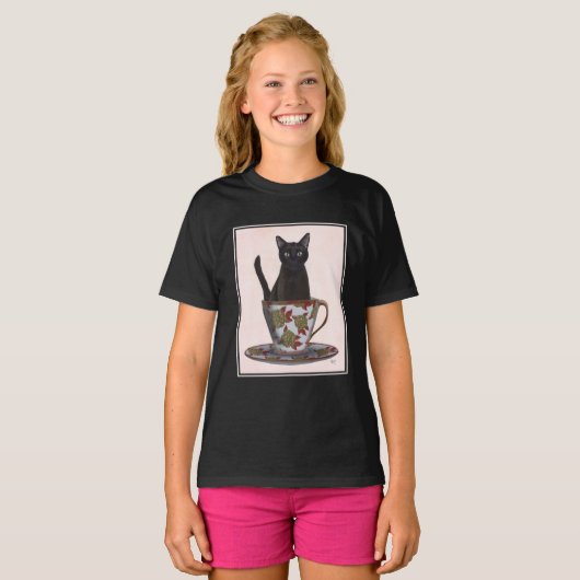 T-shirt Chat noir en Teacup (Devant entier)