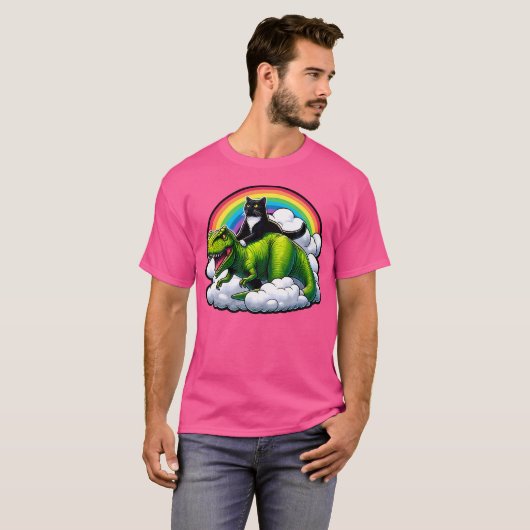 T-shirt Chat Noir équitation Dinosaure T Rex Arc En Ciel N (Devant entier)