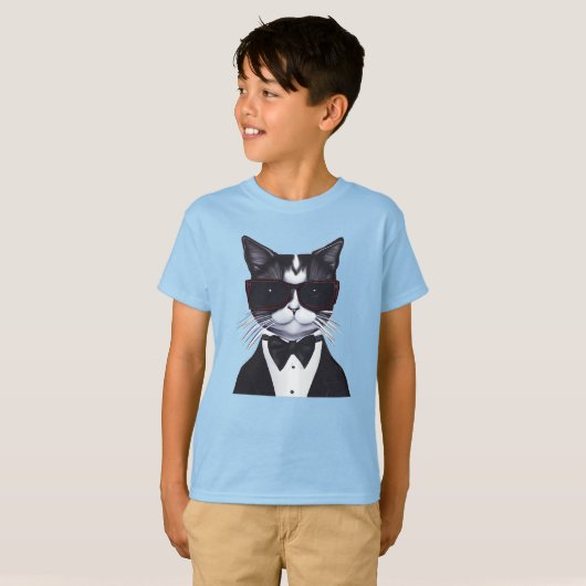 T-shirt Chat noir et blanc dans une Cravate Tuxedo et Bow (Devant entier)