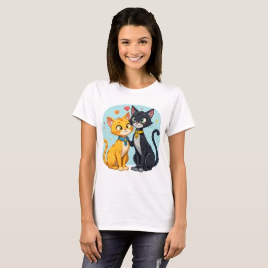 T-shirt Chat noir et Chat jaune en amour avec coeu (Devant entier)