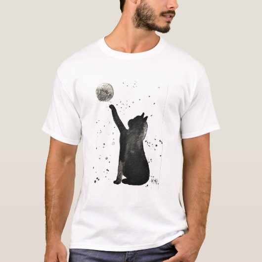 T-shirt Chat noir et chaton de lune aquarelle (Devant)
