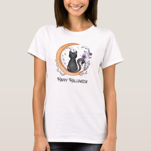 T-shirt Chat noir et lune de croissant pour Halloween heur (Devant)