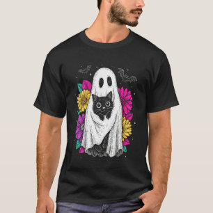 T-shirt Chat noir fantôme effrayant Floral Halloween Goth 