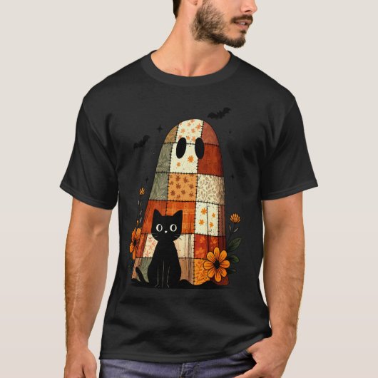 T-shirt Chat noir fantôme patchwork Halloween automne rétr (Devant)