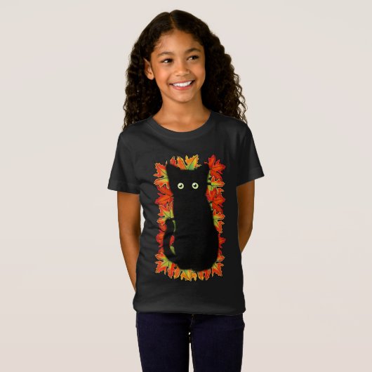 T-Shirt Chat noir, Feuilles d'automne motif, Halloween amu (Devant entier)