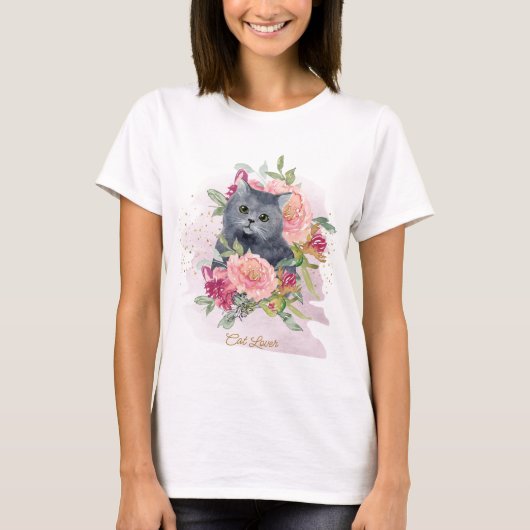 T-shirt Chat noir & Fleurs Amoureux des animaux de compagn (Devant)