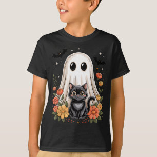 T-shirt Chat noir floral fantôme vintage Halloween effraya