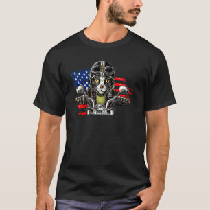 T-shirt Chat Noir Fluffy Patriote Sur Moto Avec Drapeau O