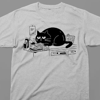 T-shirt Chat noir grincheux assis sur des vêtements de lin
