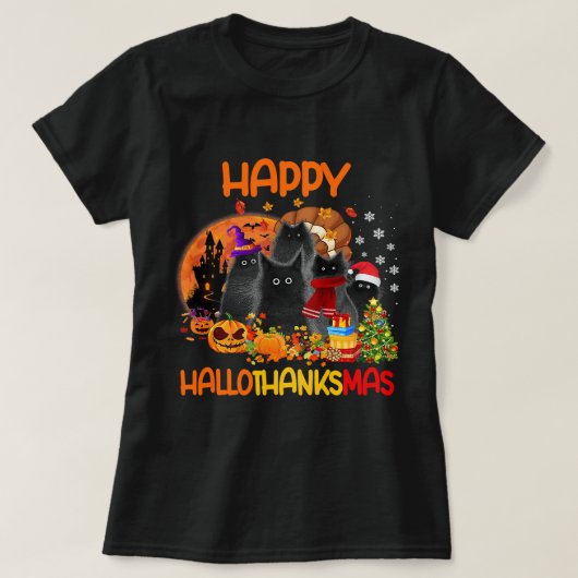T-shirt Chat noir Hallothanksmas Halloween Thanksgiv (Design devant)
