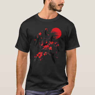 T-shirt Chat noir japonais Fleur de fleurs de cerisier Vin