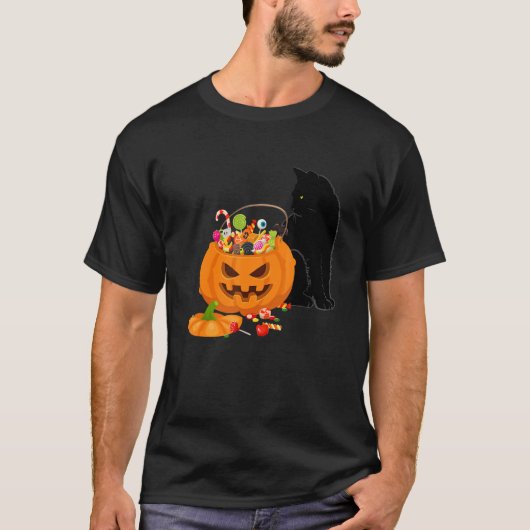T-shirt Chat Noir Jouant Avec Jack-o'-lantern Citrouille H (Devant)
