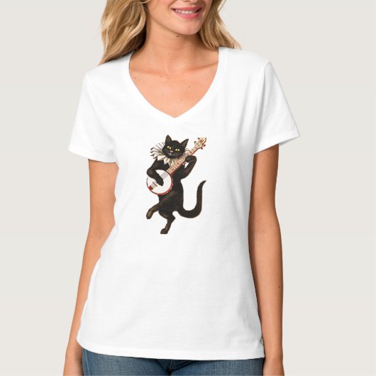 T-shirt Chat noir jouant du banjo (Devant)