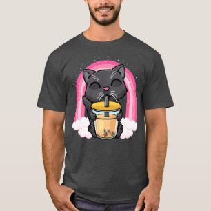 T-shirt Chat noir Kawaii Boire Bubble Thé Lait Boba Hommes