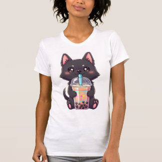 T-shirt Chat Noir Kawaii Buvant du Thé aux Perles - Anime