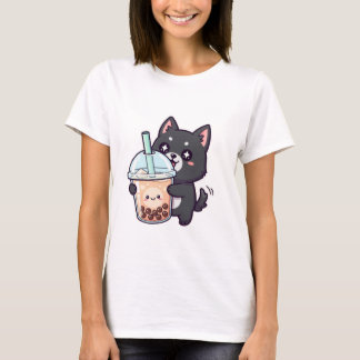 T-shirt Chat Noir Kawaii Buvant du Thé aux Perles - Joli A
